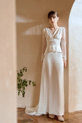 Vintage Silk Wedding Dress with Long Sleeves - DollyGown