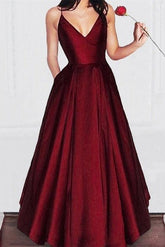 Vintage Burgundy V neck Long A-line Spaghetti Straps Prom Dress Simple Occasion Dress,GDC1339