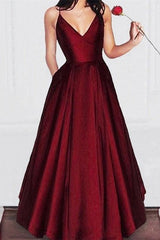 Vintage Burgundy V neck Long A-line Spaghetti Straps Prom Dress Simple Occasion Dress,GDC1339