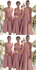 Vintage Dusty Pink Mismatched Tea Midi Length Bridesmaid Dresses Fall,7111802