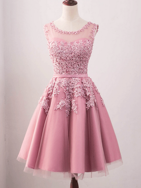 Vintage Jewel Neck Pink Lace Appliques Occasion Dress Modest Short Prom Dress,GDC1313