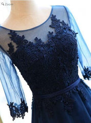 Vintage Navy Blue Jewel Neck Modest Blue Long Sleeve Prom Dress,GDC1143