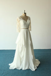 V neck Lace Boho Long Sleeve Two Piece Chiffon Wedding Dress with Long Sleeves,20082228