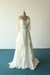 V neck Lace Boho Long Sleeve Two Piece Chiffon Wedding Dress with Long Sleeves,20082228
