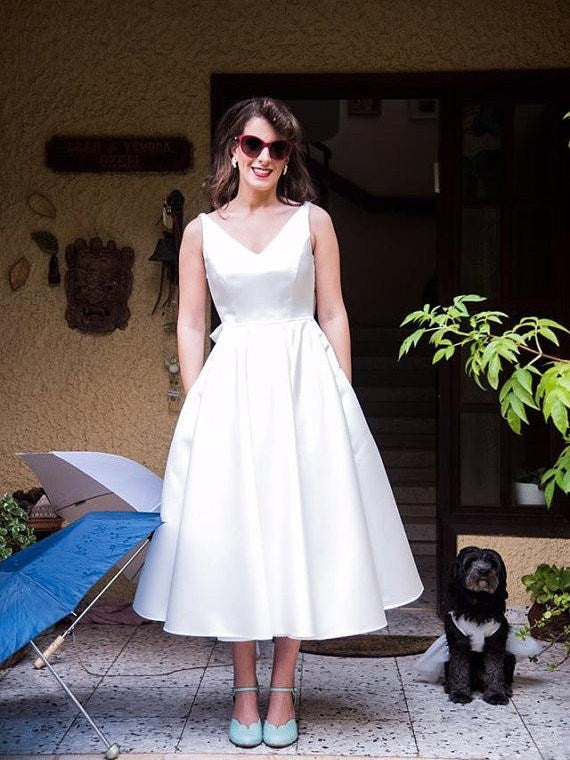 50s Wedding Dress,Vintage Wedding Dress,Simple Wedding Dress,Tea Length Wedding Dress,WS029-Dolly Gown