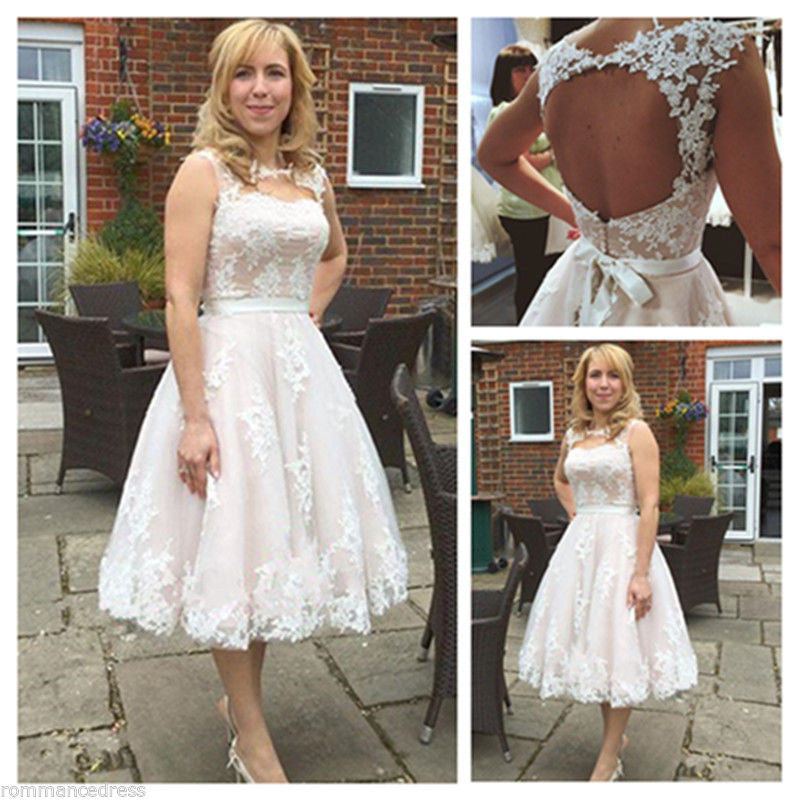 Unique Tea Length Open Back Lace 1950s Style Wedding Dress,WS079