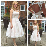 Unique Tea Length Open Back Lace 1950s Style Wedding Dress,WS079