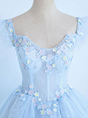 Light Blue Illusion Ball Gown Cap Sleeve Sheer Prom Dress- DollyGown