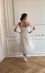 White Polka Dot Flowy Short Wedding Reception Dress - DollyGown