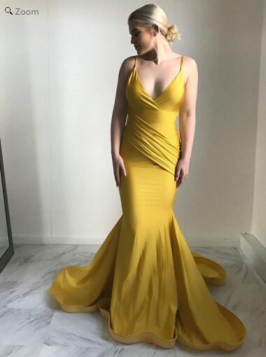 Yellow Backless Spaghetti Straps Bodycon Mermaid Simple Prom Dress Formal Gown,GDC1111