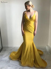 Yellow Backless Spaghetti Straps Bodycon Mermaid Simple Prom Dress Formal Gown,GDC1111