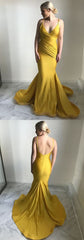 Yellow Backless Spaghetti Straps Bodycon Mermaid Simple Prom Dress Formal Gown,GDC1111