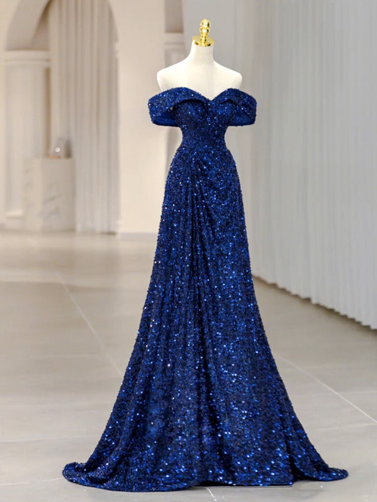 Classic A-line Off the Shoulder Blue Sequins Prom Dress Classic A-line Off the Shoulder Blue Sequins Prom Dress