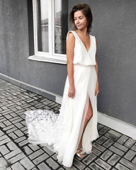 V back Boho Chiffon Beach Wedding Dress A-line Bridal Gown,GDC1225