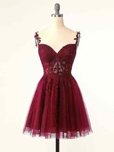 Spaghetti Strap Lace Sheer Top Burgundy Short Prom Dress Homecoming Dress - DollyGown