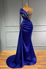 One Shoulder Long Sleeve Satin Mermaid Prom Dress Evening Gown