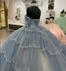 Off-Shoulder Sparkle Tulle Ball Gown Quinceanera Tiered Skirt Sequined Lace-Up