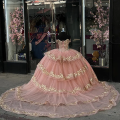 Pink Princess Off-Shoulder Tulle Ball Gown Quinceanera Dress