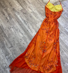 Elegant Orange Spaghetti Straps Beaded Prom Dress Party Gown For Women