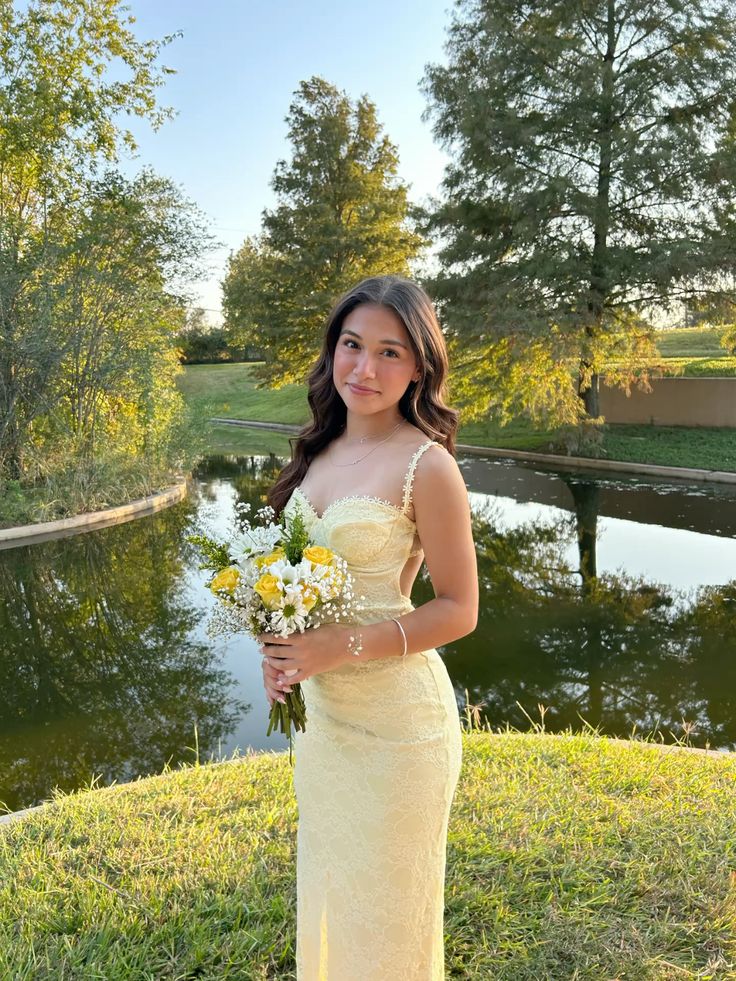 Elegant Pastel Yellow Lace Prom Dress Evening Gown