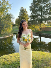 Elegant Pastel Yellow Lace Prom Dress Evening Gown