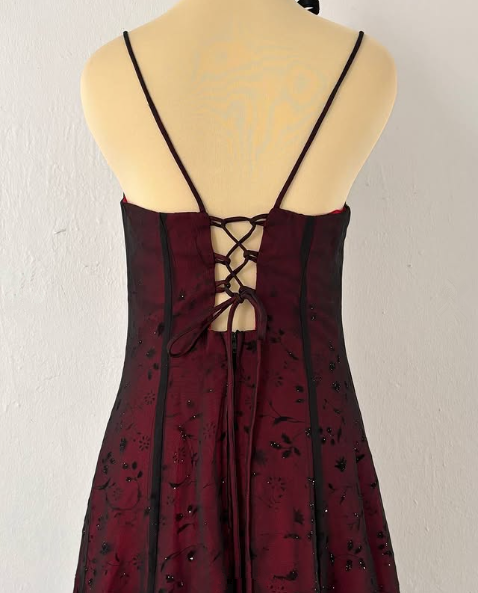 Burgundy Long Prom Dress Evening Gown Satin Spaghetti Straps Lace Up Back