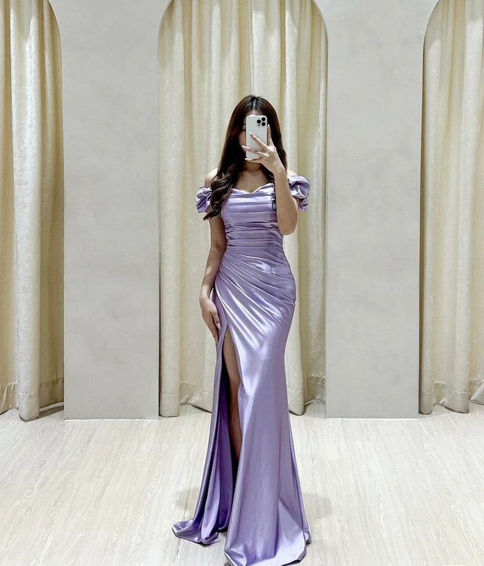 Lilac Satin Evening Gown Sleeveless Long Formal Prom Dress