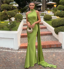 Backless Satin Ribbon Sleeveless Evening Prom Dress Long Elegant