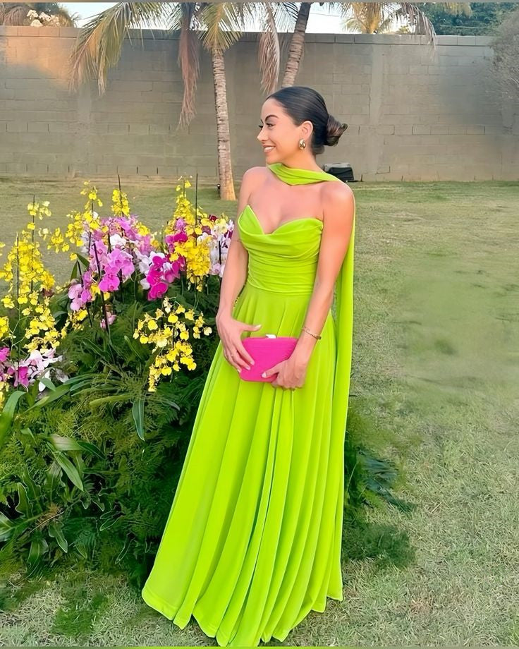 Bright Green Chiffon Long Prom Dress Formal Party Gown Buttons