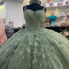 Sage Green 3D Butterfly Quinceanera Ball Gown with Crystal Corset