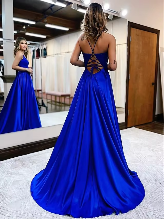 Elegant Long A Line Satin V Neck Prom Dresses With Lace