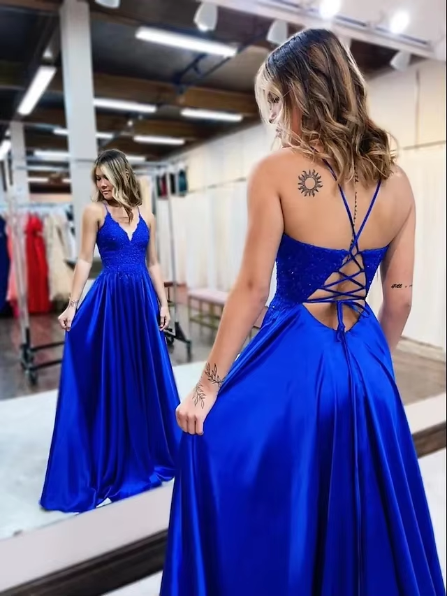Elegant Long A Line Satin V Neck Prom Dresses With Lace