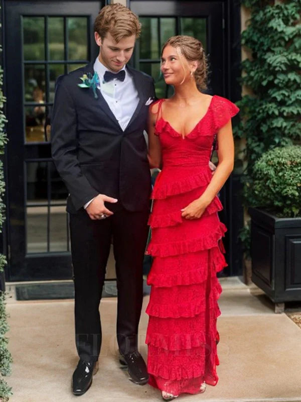 tiered lace prom dress Poly USA 9410 - Long Ruffle Sequin Mesh Lace A-Line Dress