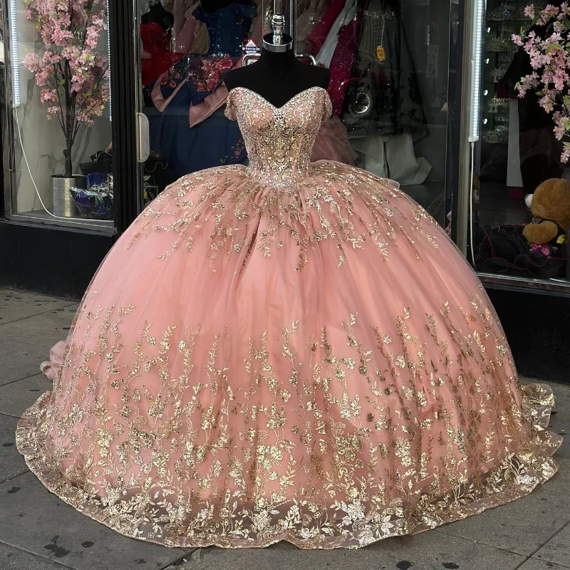 Pink Princess Off-Shoulder Tulle Ball Gown Quinceanera Dress