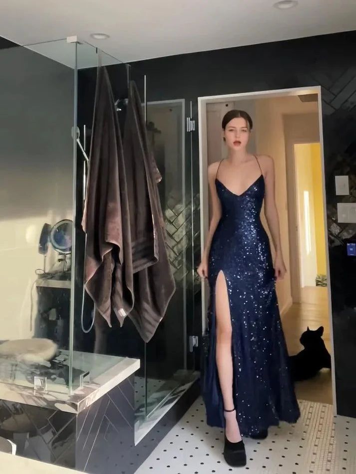 Women's Navy Sequined Spaghetti Strap V Neck Formal Gown Dress