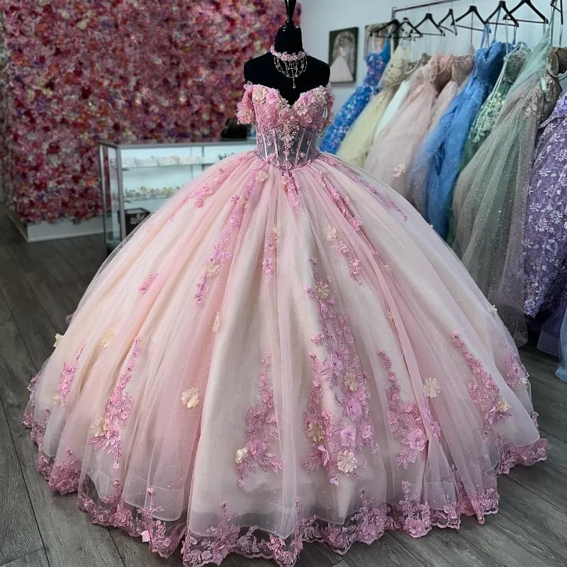Pink Lace Applique 3D Floral Off-Shoulder Quinceanera Ball Gown