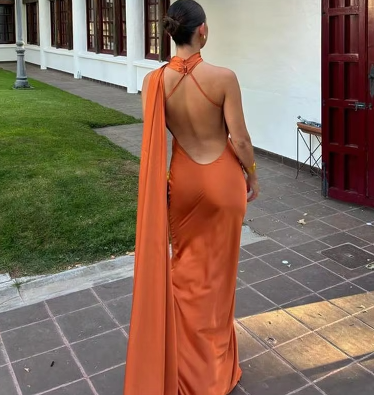 Backless Satin Ribbon Sleeveless Evening Prom Dress Long Elegant