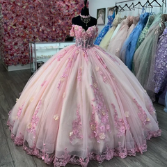 Pink Lace Applique 3D Floral Off-Shoulder Quinceanera Ball Gown
