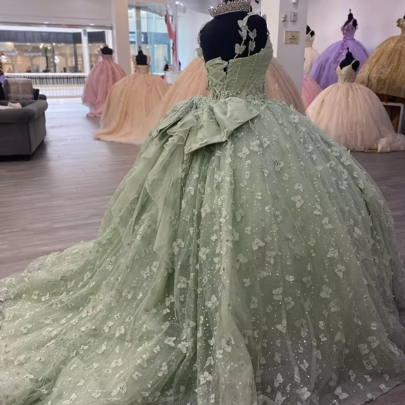 Sage Green 3D Butterfly Quinceanera Ball Gown with Crystal Corset