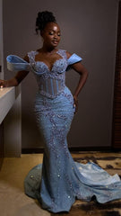 Sparkly Rhinestones Blue Mermaid Long Prom Evening Dress