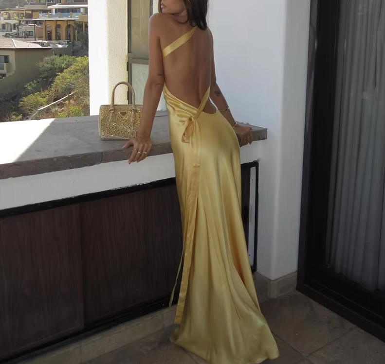 Satin Backless Sleeveless Maxi Evening Dress Elegant Floor-Length Gown