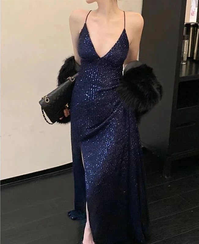 Women's Navy Sequined Spaghetti Strap V Neck Formal Gown Dress