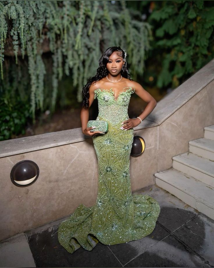 Green Mermaid Long Evening Gown Shinny Prom Dress for Women fg7075