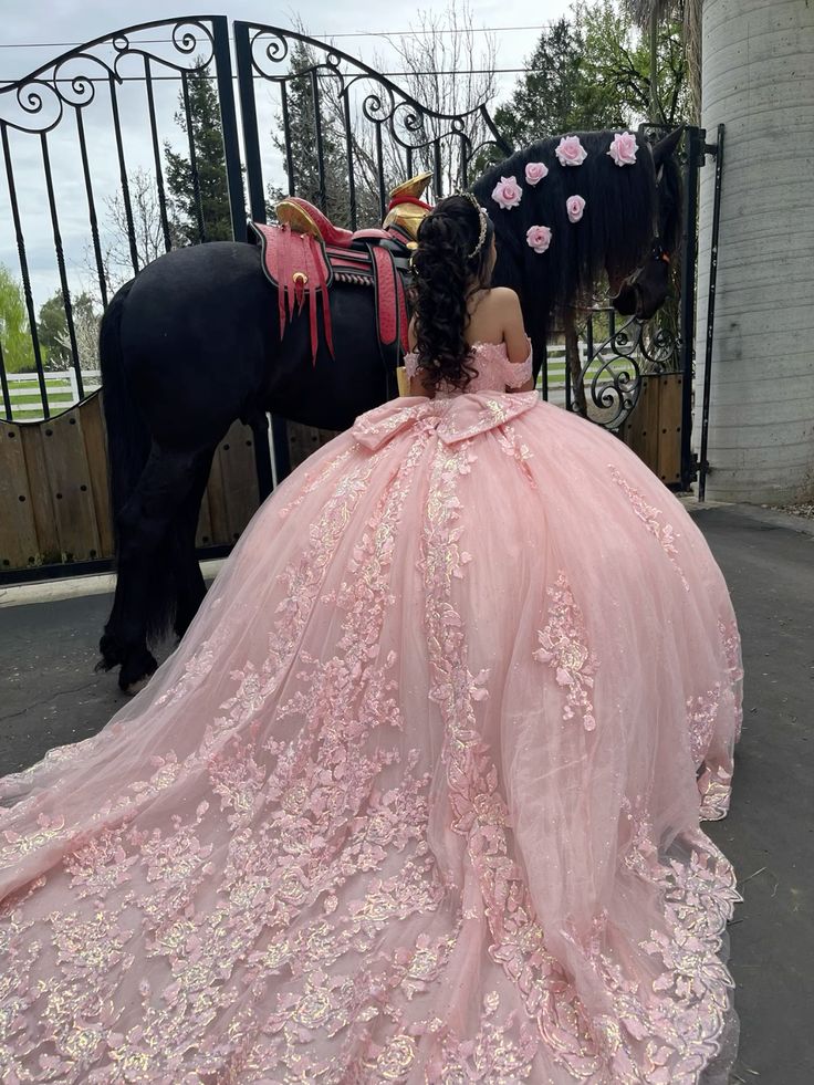 Pink Quinceanera Off Shoulder Appliques Ball Gown Dress With Bow 