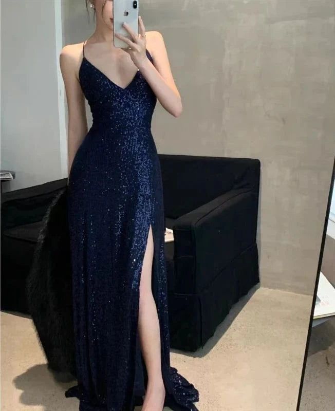 Women's Navy Sequined Spaghetti Strap V Neck Formal Gown Dress