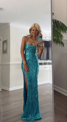 Sparkly Blue Mermaid Prom Dress Spaghetti Straps Sexy Side Slit Evening Gown