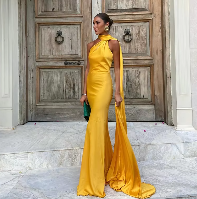 Backless Satin Ribbon Sleeveless Evening Prom Dress Long Elegant