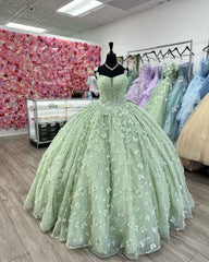Sage Green 3D Butterfly Quinceanera Ball Gown with Crystal Corset