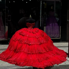 Luxury Red Quinceanera Ball Gown with Crystal Lace Appliques