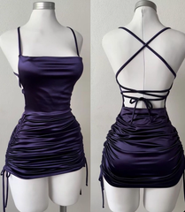Satin Spaghetti Strap Short Homecoming Dress Lace-Up Back Built-in Bra